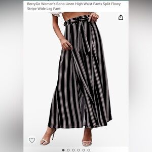 BerryGo Women's Boho Linen High Waist Split Stripe Wide Leg Pant- size Large